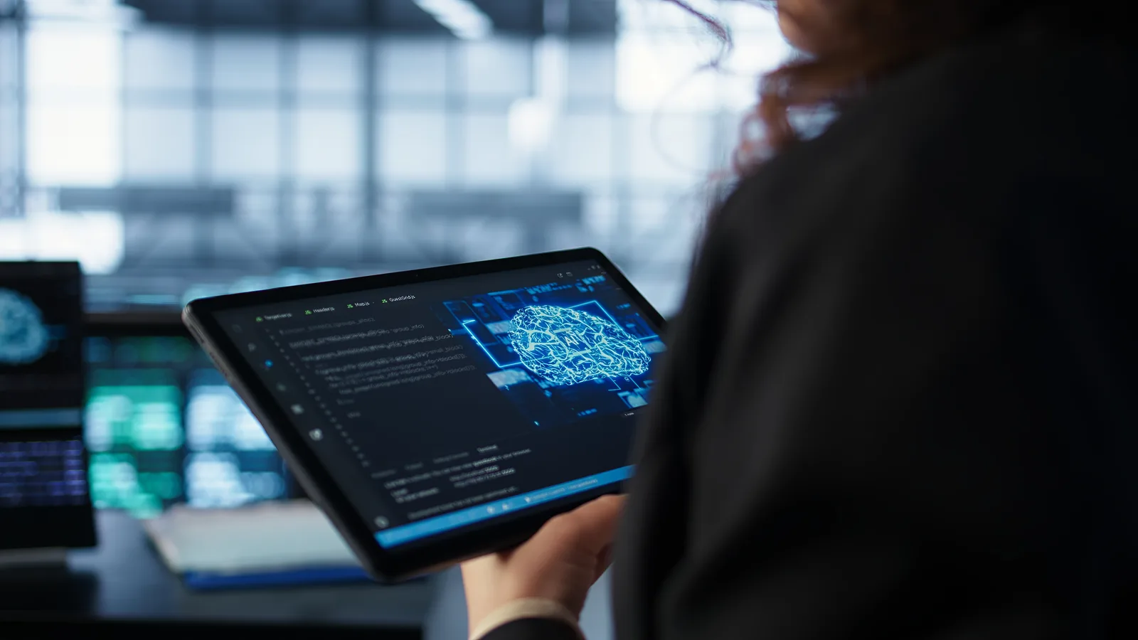 Tablet mostrando código y una visualización de inteligencia artificial aplicada al marketing